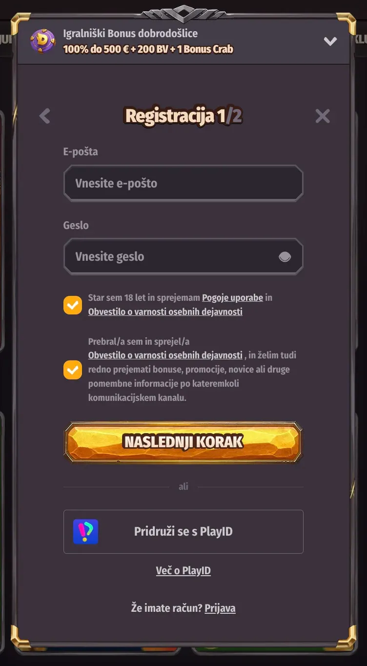 Registracija v casino Dragonia